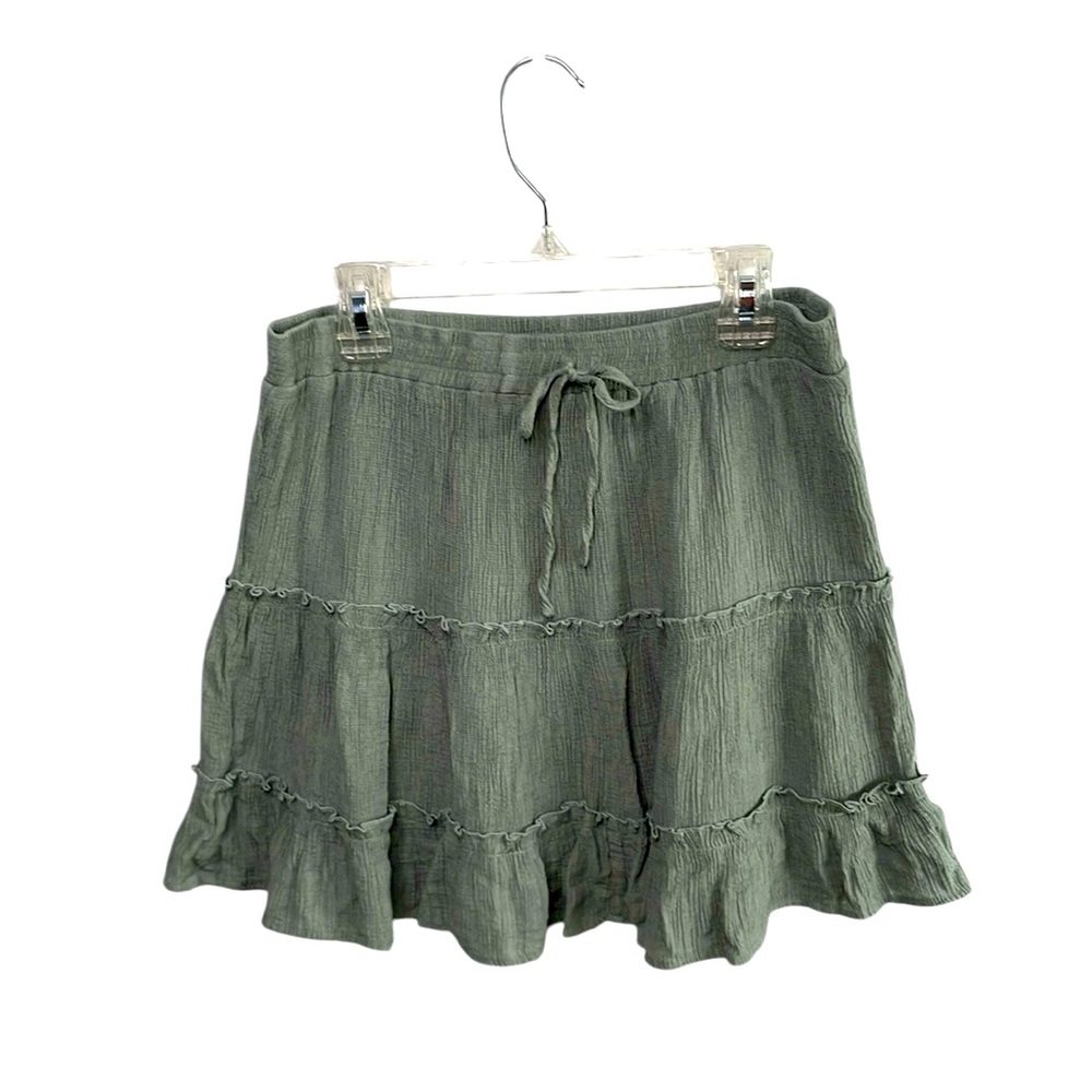 Love Tree Women’s Sage Green Ruffled Mini Skirt with Tie Detail in front Large